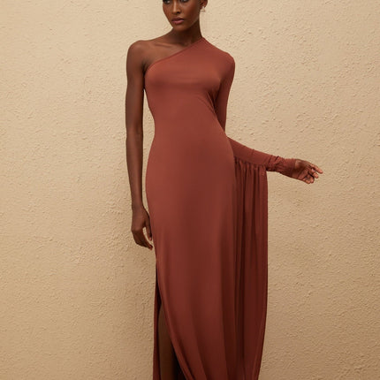Kaylie Brown One Shoulder Maxi Dress with Draped Panel and Zip Closure