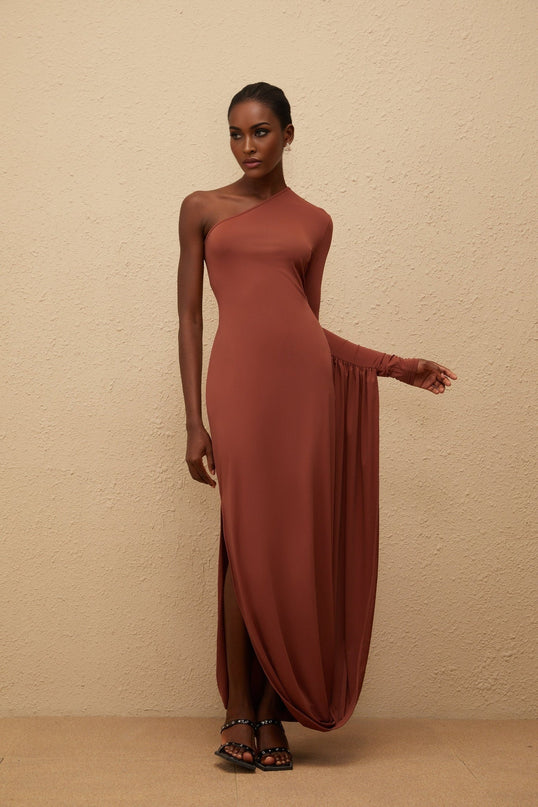Kaylie Brown One Shoulder Maxi Dress with Draped Panel and Zip Closure