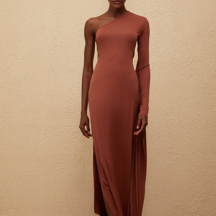 Kaylie Brown One Shoulder Midi Dress with Asymmetrical Draped Panel and Zip Closure