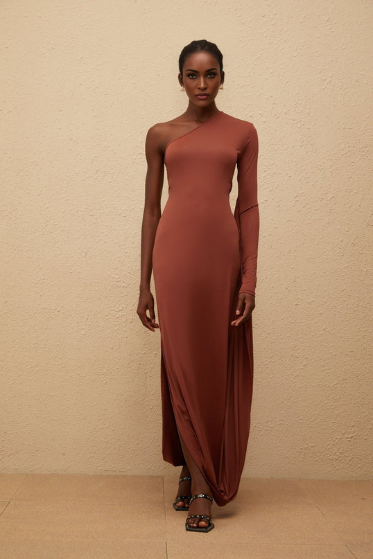 Kaylie Brown One Shoulder Midi Dress with Asymmetrical Draped Panel and Zip Closure