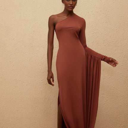 Kaylie Brown One-Shoulder Midi Dress with Asymmetrical Draped Panel and Zip Closure