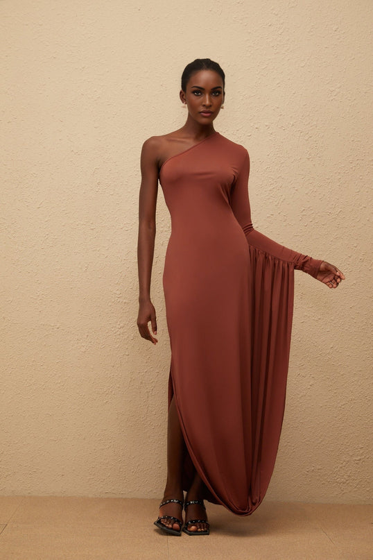 Kaylie Brown One-Shoulder Midi Dress with Asymmetrical Draped Panel and Zip Closure