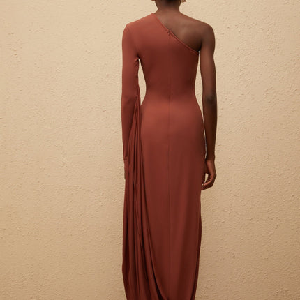 Kaylie Brown One-Shoulder Panelled Maxi Dress with Draped Detailing and Zip Closure