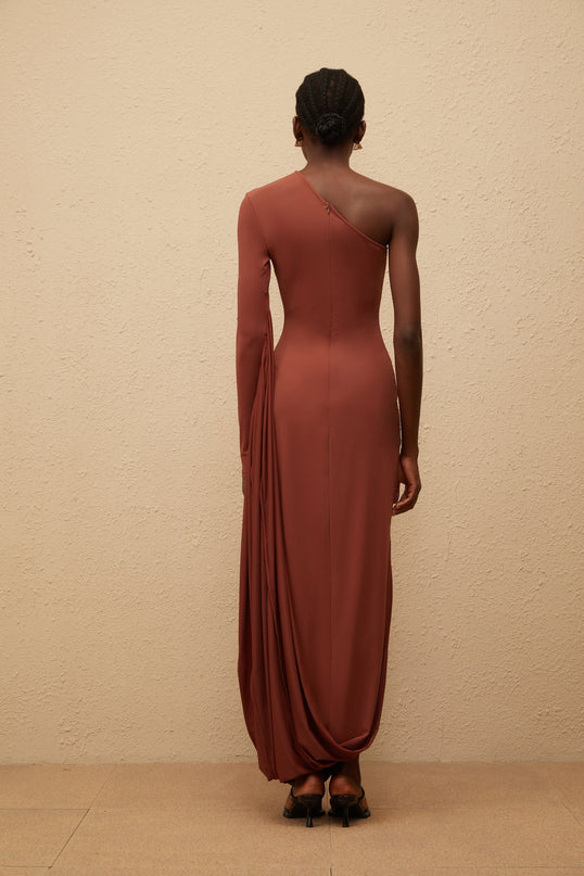 Kaylie Brown One-Shoulder Panelled Maxi Dress with Draped Detailing and Zip Closure