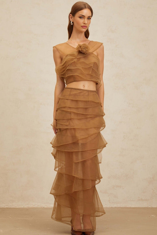 Kaylie Brown Tulle Petal Detail Top Skirt Set