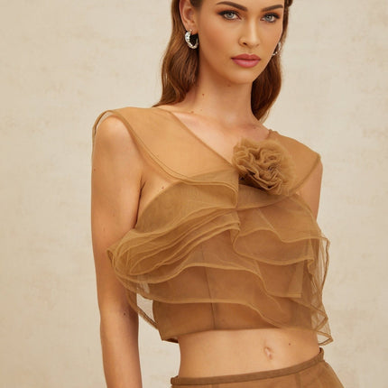 Kaylie Brown Tulle Petal Detail Top Skirt Set