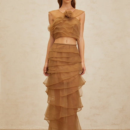Kaylie Brown Tulle Petal Detail Top Skirt Set