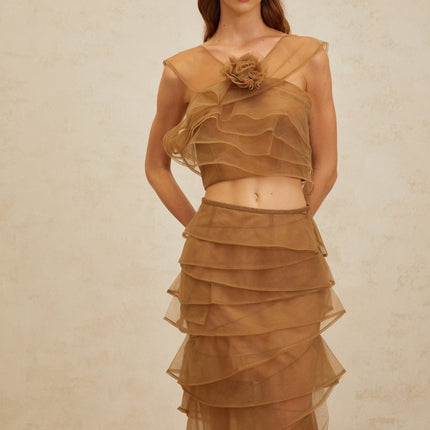 Kaylie Brown Tulle Petal Detail Top Skirt Set