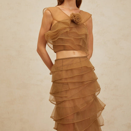 Kaylie Brown Tulle Petal Detail Top Skirt Set