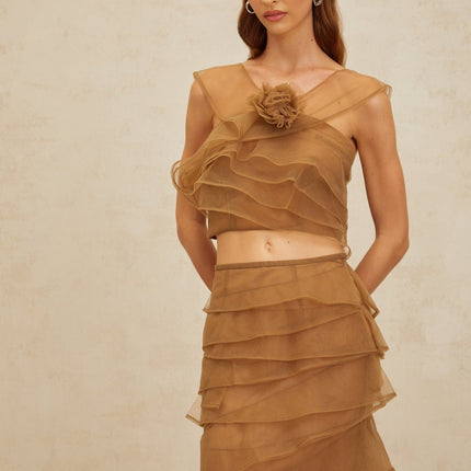 Kaylie Brown Tulle Petal Detail Top Skirt Set