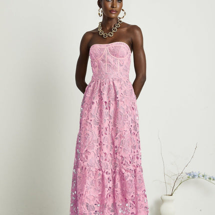 Kaylie Pink Embroidered Floral Off-the-Shoulder Midi Dress