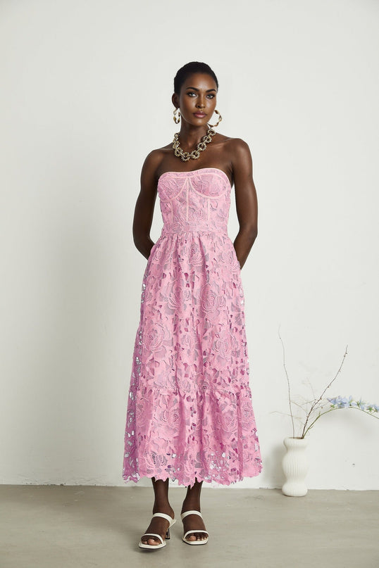 Kaylie Pink Embroidered Floral Off-the-Shoulder Midi Dress