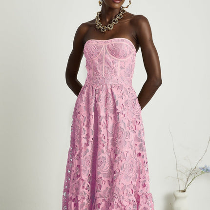 Kaylie Pink Floral Embroidered Midi Dress with Lace Trim and Cut-out Design
