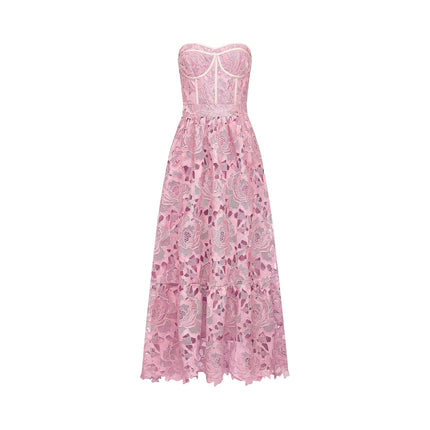 Kaylie Pink Floral Embroidered Midi Dress with Lace Trim
