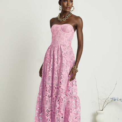 Kaylie Pink Floral Embroidered Midi Dress with Lace Trim
