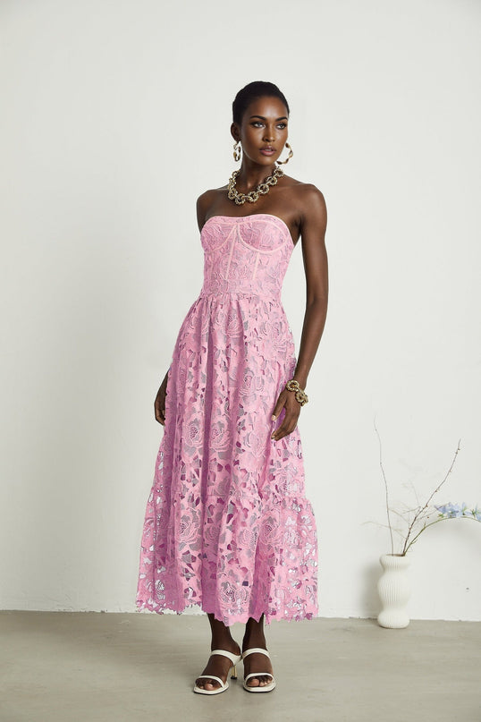 Kaylie Pink Floral Embroidered Midi Dress with Lace Trim