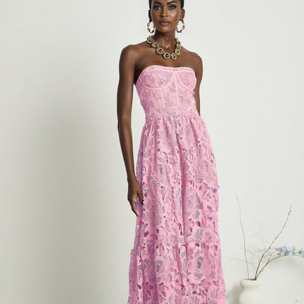 Kaylie Pink Floral Embroidered Midi Dress with Lace Trim and Cut-Out Design