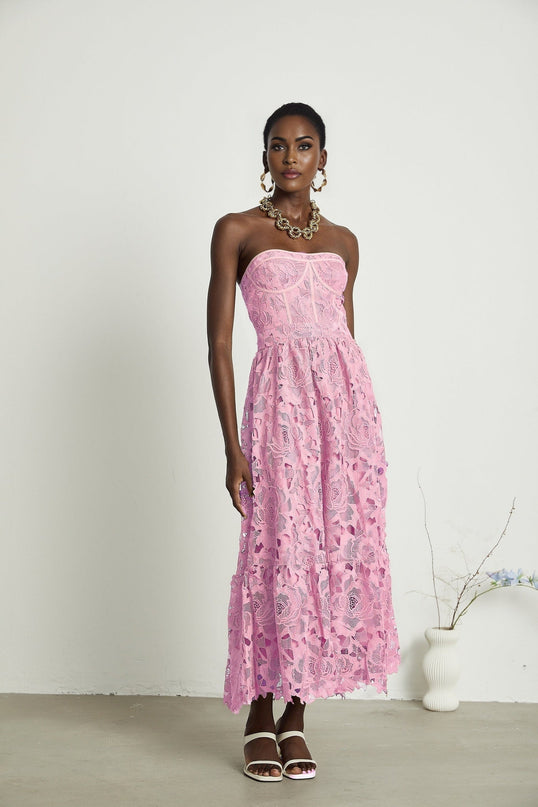 Kaylie Pink Floral Embroidered Midi Dress with Lace Trim and Cut-Out Design