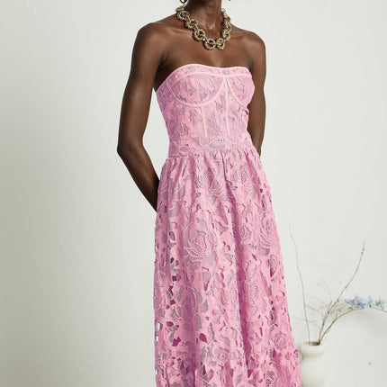 Kaylie Pink Lace Trim Midi Dress