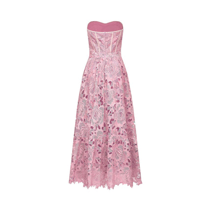 Kaylie Pink Floral Embroidered Midi Dress Lace Trim Flounce Hem High-Waisted Silhouette Rear Zip Fastening Terylene Fiber