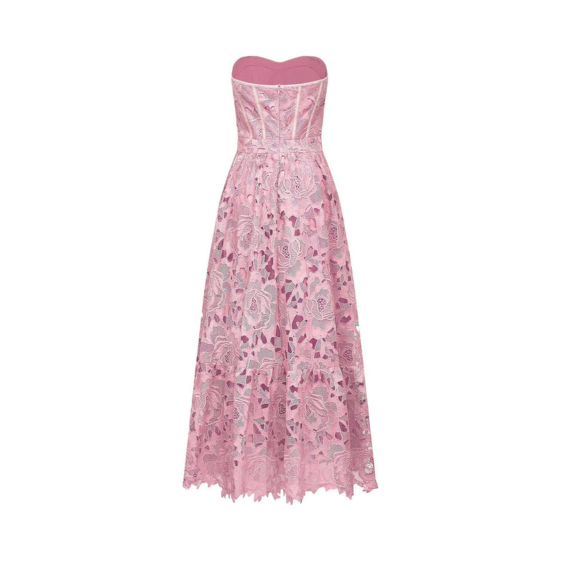 Kaylie Pink Floral Embroidered Midi Dress Lace Trim Flounce Hem High-Waisted Silhouette Rear Zip Fastening Terylene Fiber