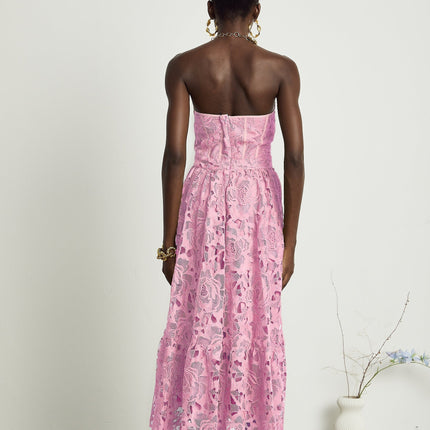 Kaylie Pink Floral Embroidered Midi Dress Lace Trim Bustier Flounce Hem Cut-Out High-Waisted Charm