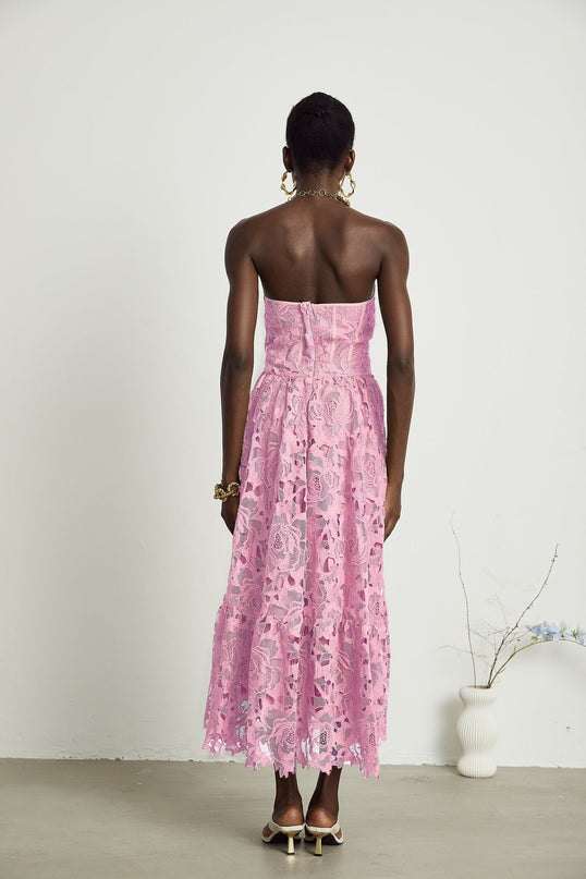 Kaylie Pink Floral Embroidered Midi Dress Lace Trim Bustier Flounce Hem Cut-Out High-Waisted Charm