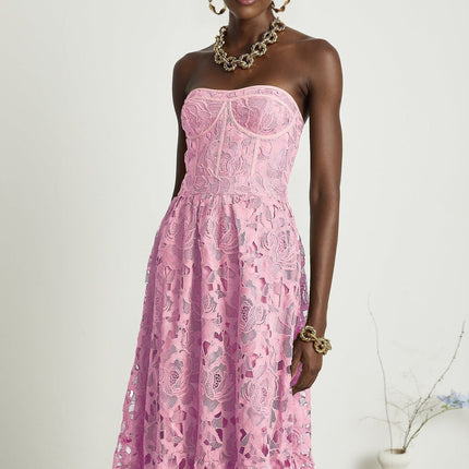 Kaylie Pink Floral Embroidered Midi Dress Lace Trim Flounce Hem High-Waisted Silhouette Rear Zip Fastening Terylene Fiber