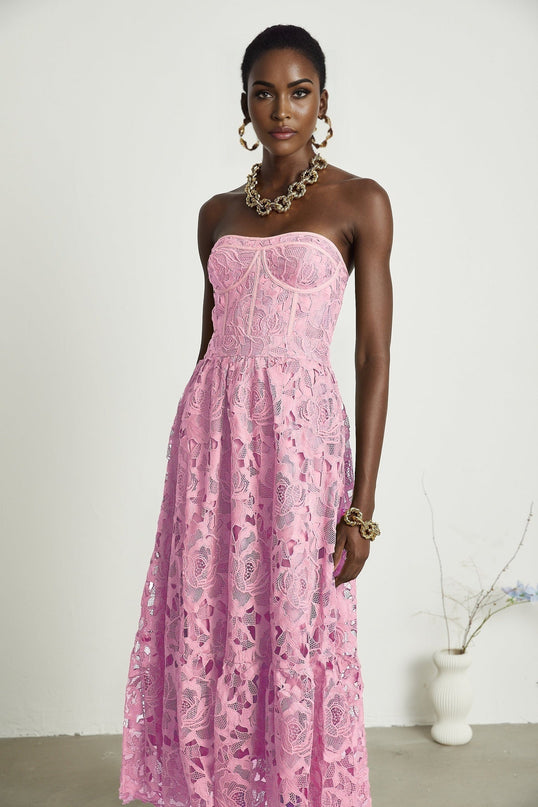 Kaylie Pink Floral Embroidered Midi Dress Lace Trim Flounce Hem High-Waisted Silhouette Rear Zip Fastening Terylene Fiber