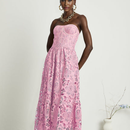 Kaylie Pink Floral Embroidered Midi Dress Lace Trim Flounce Hem High-Waisted Silhouette Rear Zip Fastening Terylene Fiber