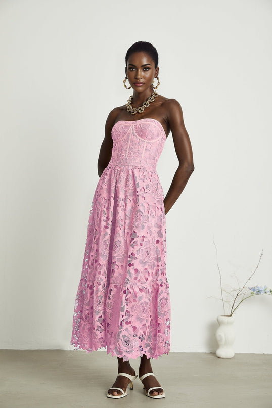 Kaylie Pink Floral Embroidered Midi Dress Lace Trim Flounce Hem High-Waisted Silhouette Rear Zip Fastening Terylene Fiber