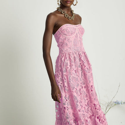 Kaylie Pink Midi Dress with Floral Embroidery Lace Trim Flounce Hem High-Waisted Silhouette Rear Zip Fastening