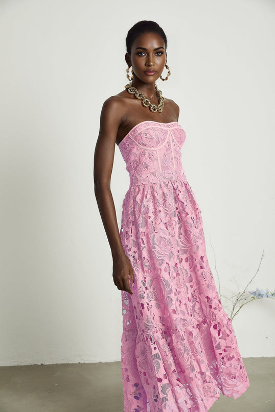 Kaylie Pink Midi Dress with Floral Embroidery Lace Trim Flounce Hem High-Waisted Silhouette Rear Zip Fastening