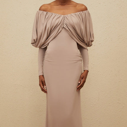 Kendra Grey Midi Dress with V-neck and rear slit in Lyocell Acetate Spandex blend