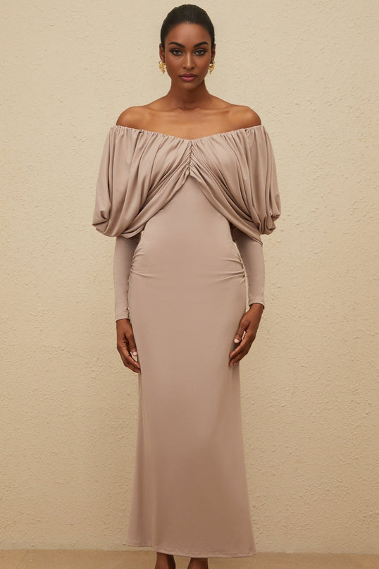 Kendra Grey Midi Dress with V-neck and rear slit in Lyocell Acetate Spandex blend