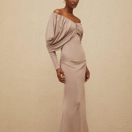 Kendra Grey Midi Dress with V-neck and rear slit in Lyocell Acetate Spandex blend