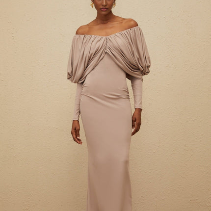 Kendra Grey Midi Dress with V-neck and long sleeves in Lyocell blend fabric