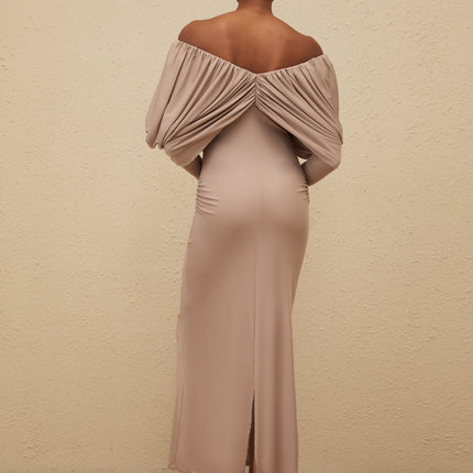 Kendra Grey Midi Dress with V-neck and rear slit in Lyocell Acetate Spandex blend