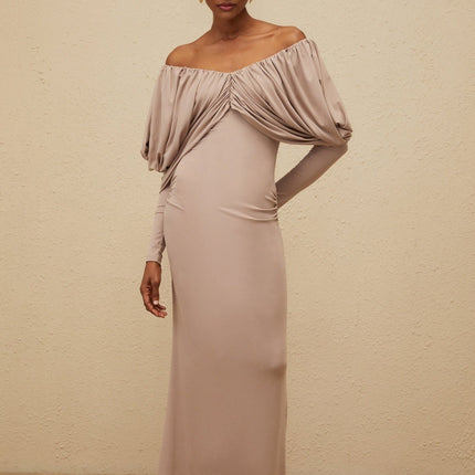 Kendra Grey Midi Dress with V-neck and Long Sleeves