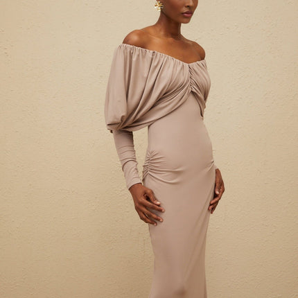 Kendra Grey Midi Dress with V-Neck and Long Sleeves