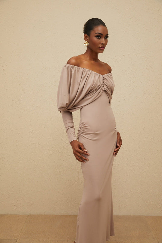 Kendra Grey Midi Dress with V-Neck and Long Sleeves