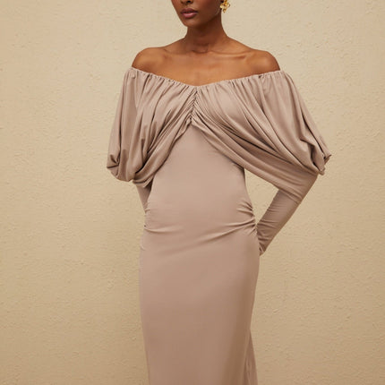 Kendra Grey Midi Dress with V-neck and rear slit in Lyocell blend fabric
