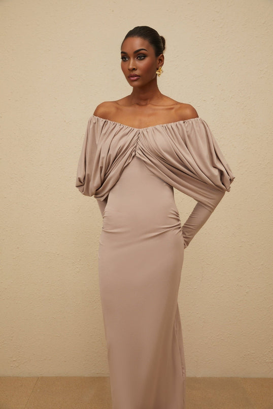 Kendra Grey Midi Dress with V-neck and rear slit in Lyocell blend fabric