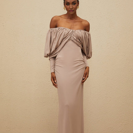 Kendra Midi Dress in Grey Lyocell Acetate Spandex Long Sleeve V-Neck Shift Dress with Rear Slit