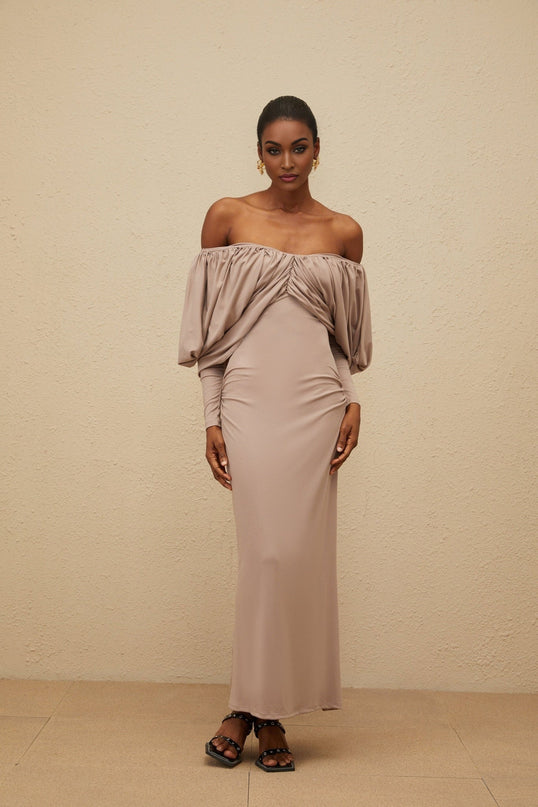 Kendra Midi Dress in Grey Lyocell Acetate Spandex Long Sleeve V-Neck Shift Dress with Rear Slit