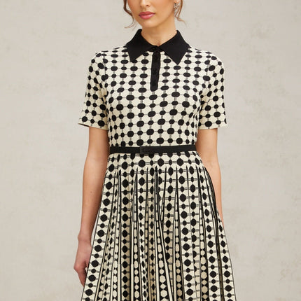 Kendra White Polka Dot Midi Dress with Polo Collar and Detachable Belt