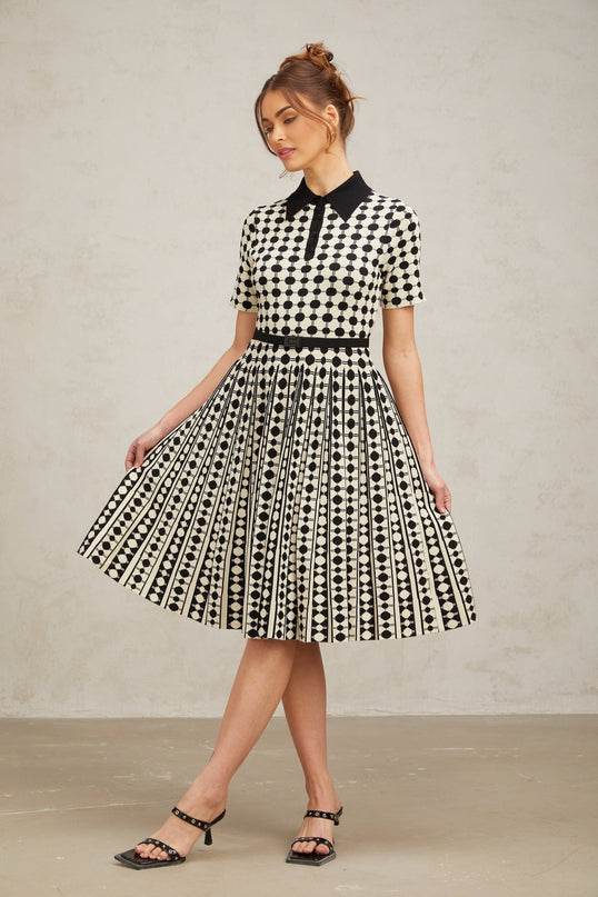 Kendra White Polka Dot Midi Dress with Polo Collar and Belt Loops