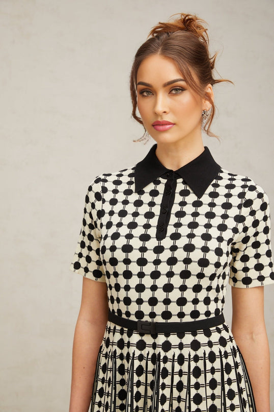 Kendra White Polka Dot Midi Dress with Belt Detail
