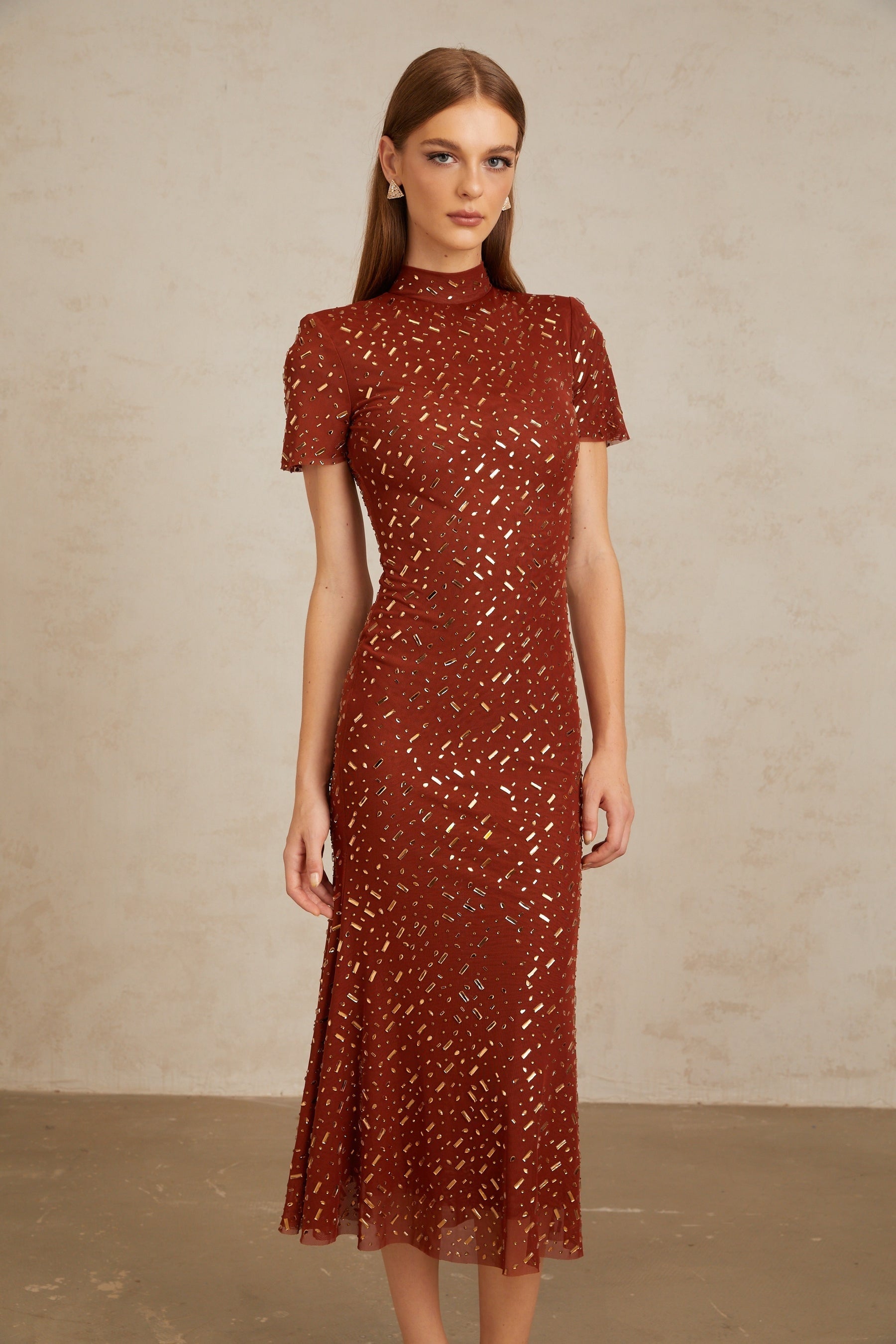 Kenza Brown Embellished Flared Tulle Midi Dress