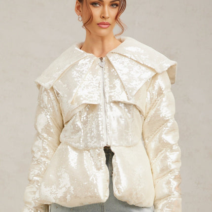 Kenzie Ivory White Sequin Down Sailor Collar Coat